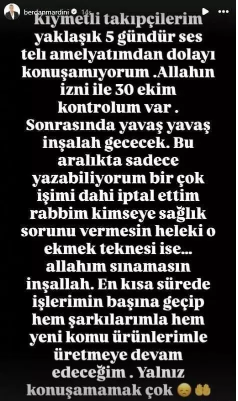 Berdan Mardini Ses Teli Ameliyatı Sonrası Konuşamıyor!
