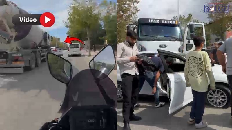 Van’da beton mikseri otomobili önüne alıp götürdü! Kaza kamerada