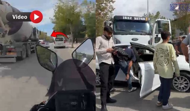 Van’da beton mikseri otomobili önüne alıp götürdü! Kaza kamerada